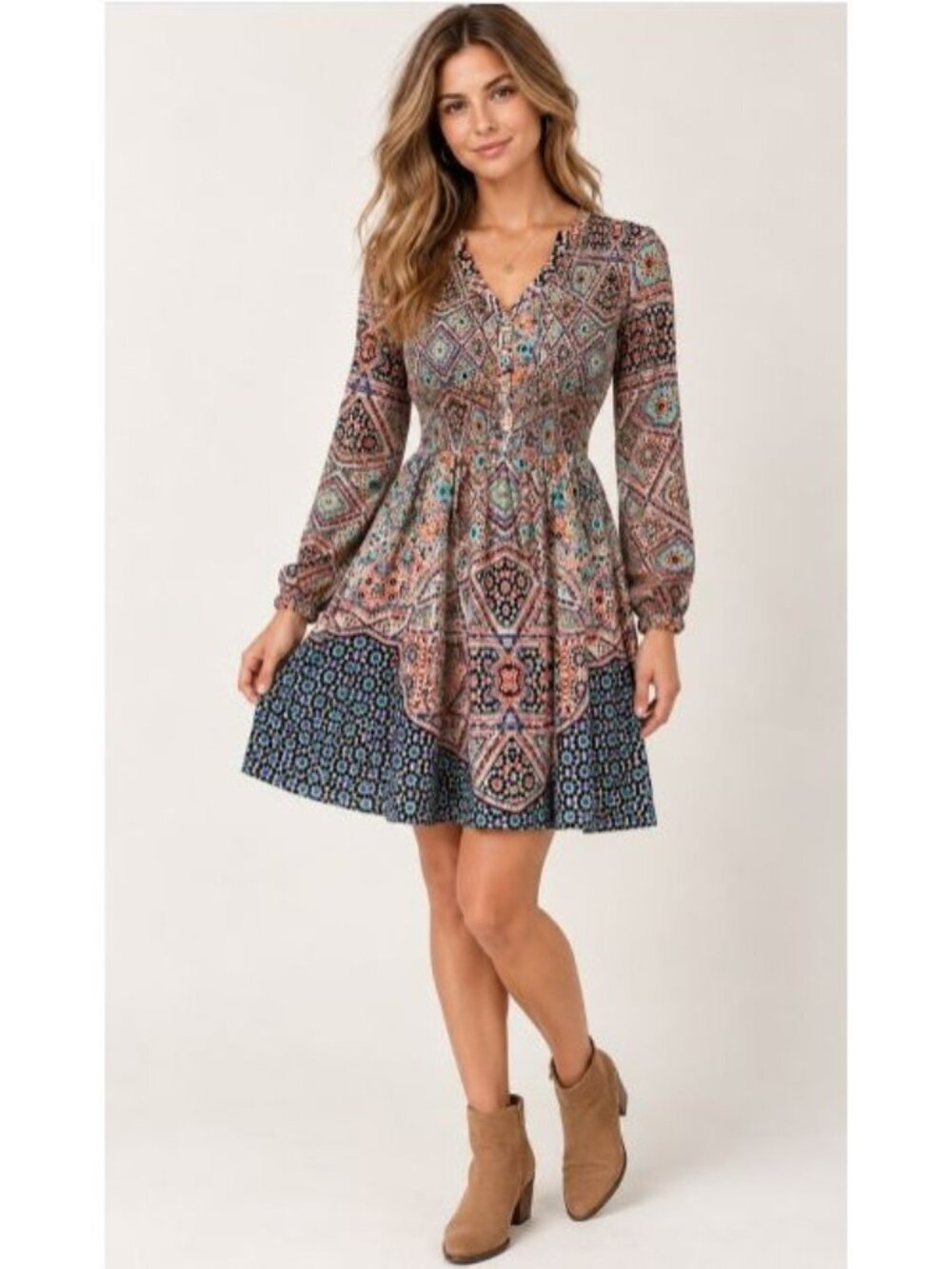 Maeve Tiled Amethyst Mini Dress Sz L Multicolor Print Smocked Long Sleeve Boho
